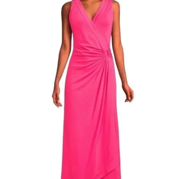 Land's End Womens Hot Pink Faux Wrap Maxi Dress Size 1X 16W 18W Tencel New - Picture 1 of 13